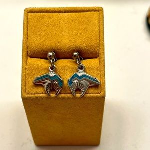 Vtg EJC Native Pewter Earrings Bear w/Turquoise Inlay Arrows 💙